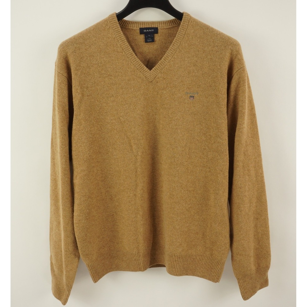 Gant‎ 100% Lambswool V-Neck Jumper Sweater Men's XL Light Brown Ribbed Preppy